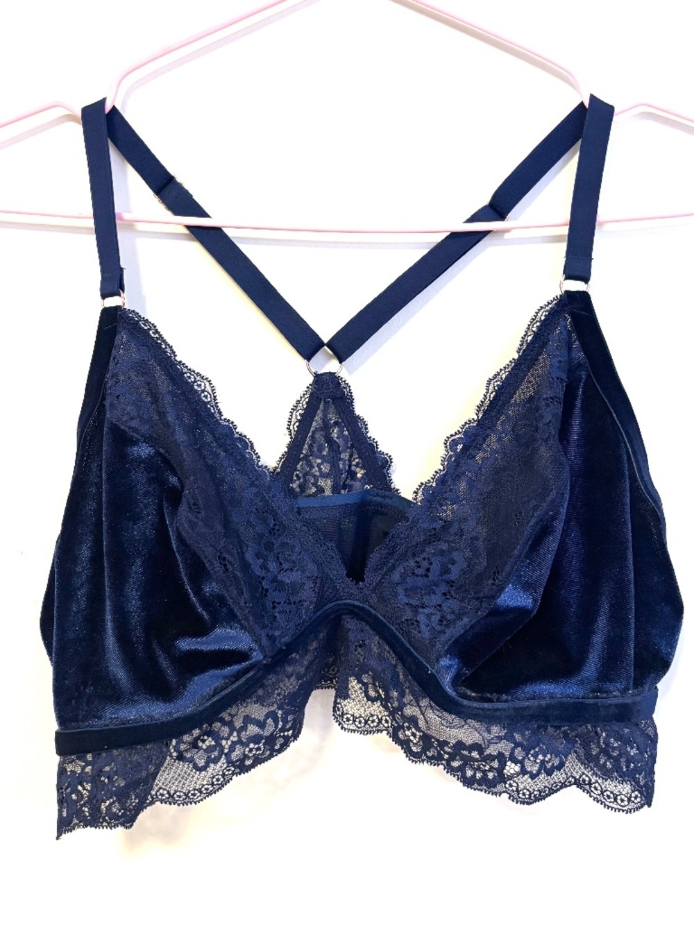 Layering Velvet Lace Trim Bralette Adjustable Straps Navy Blue Womens Size XL